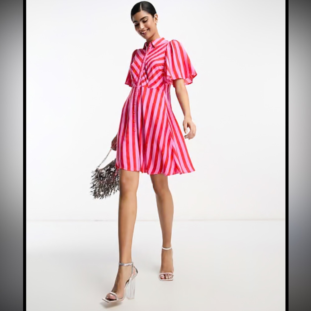 Y.A.S Yassavanna Red and Pink Striped Mini Shirt Dress Size S